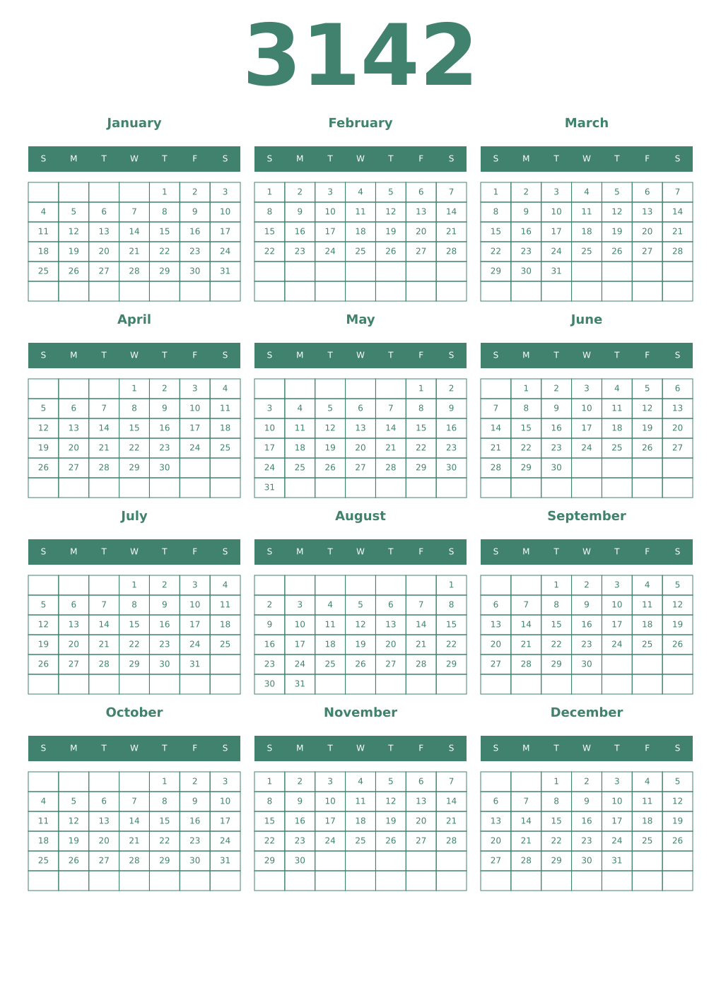Printable 3142 Year Calendars viridian