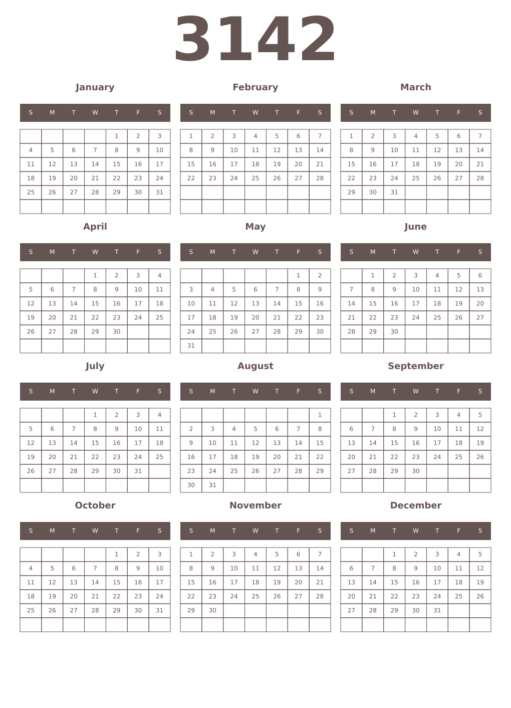 Printable 3142 Year Calendars wenge