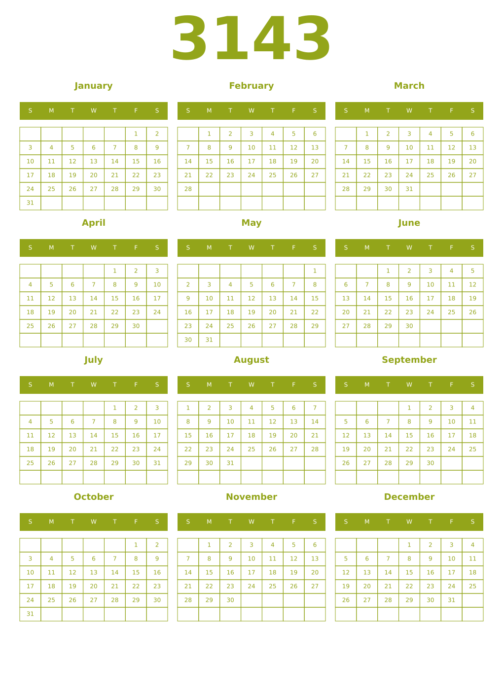 Printable 3143 Year Calendars chartreuse