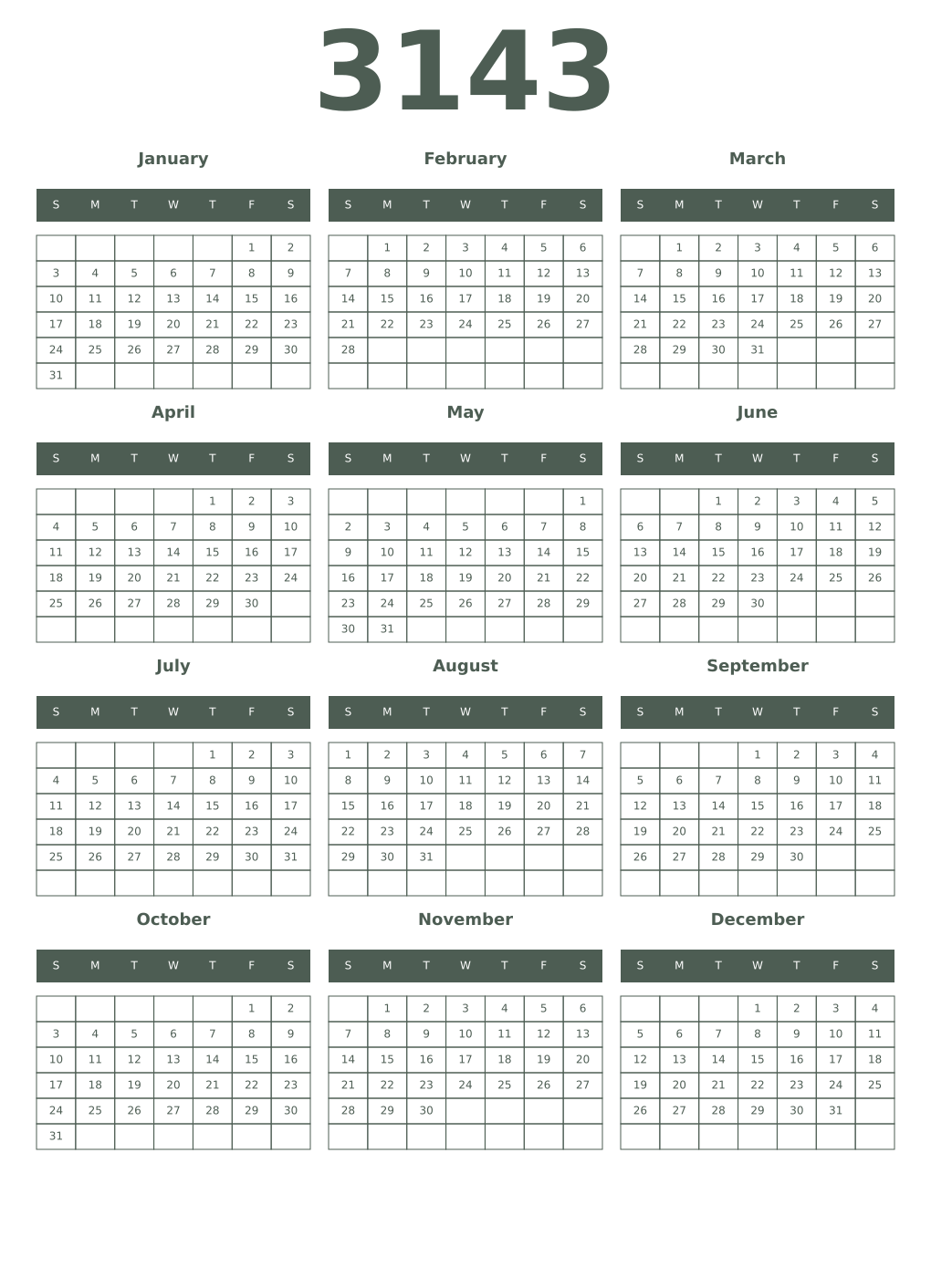Printable 3143 Year Calendars feldgrau