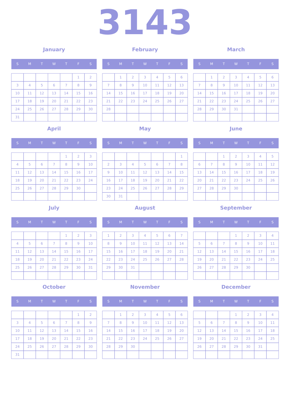 Printable 3143 Year Calendars periwinkle