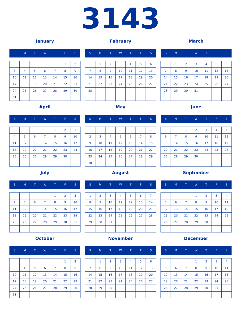 Printable 3143 Year Calendars smalt