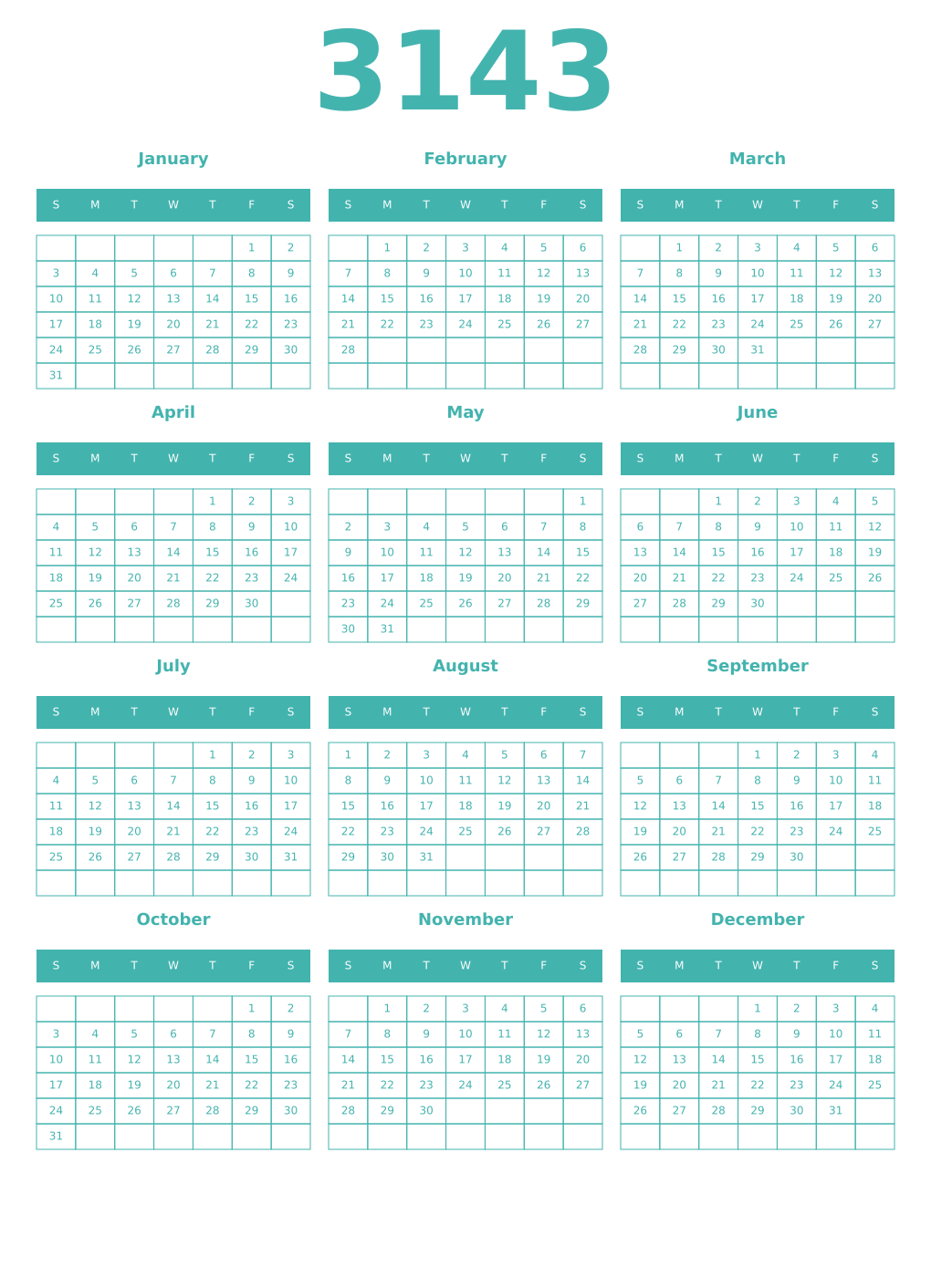 Printable 3143 Year Calendars verdigris