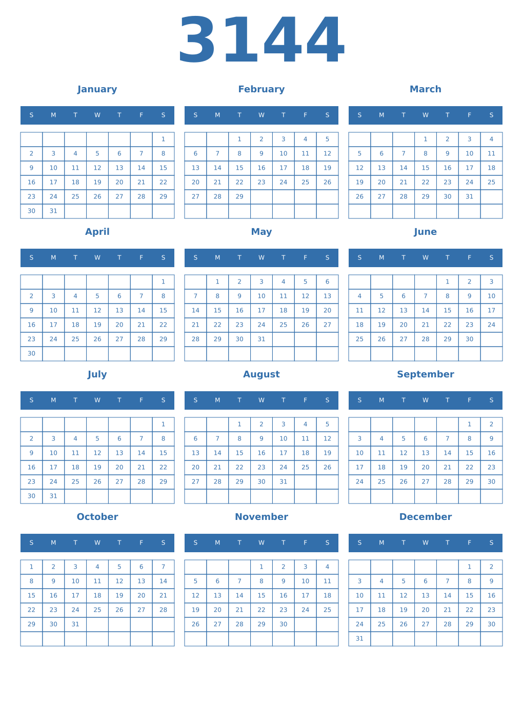 Printable 3144 Year Calendars blue