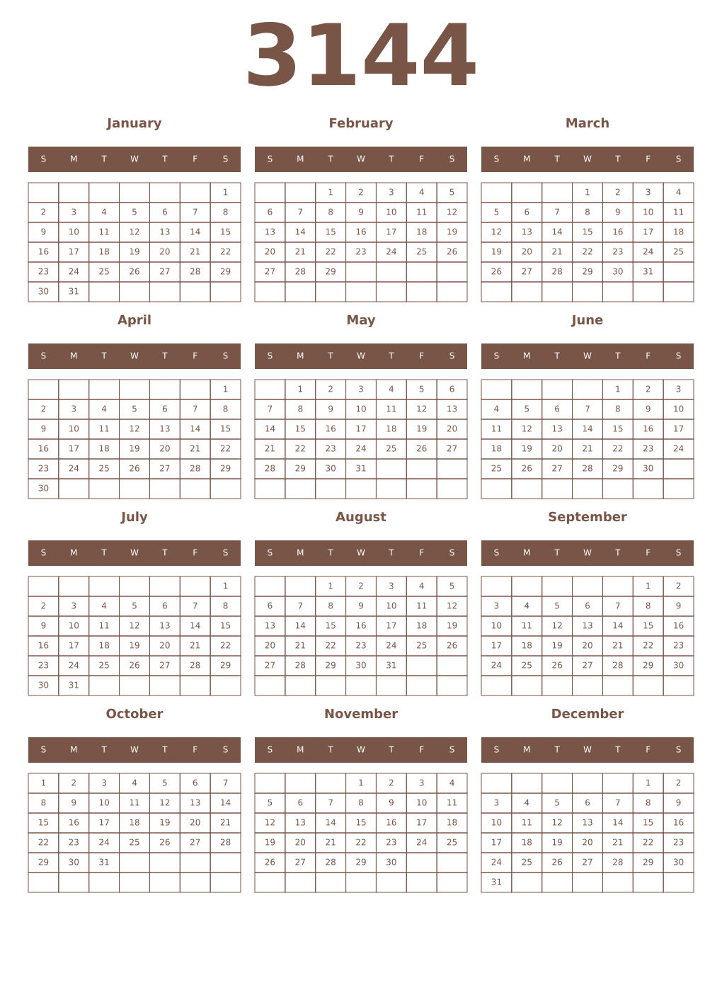 Printable 3144 Year Calendars coffe
