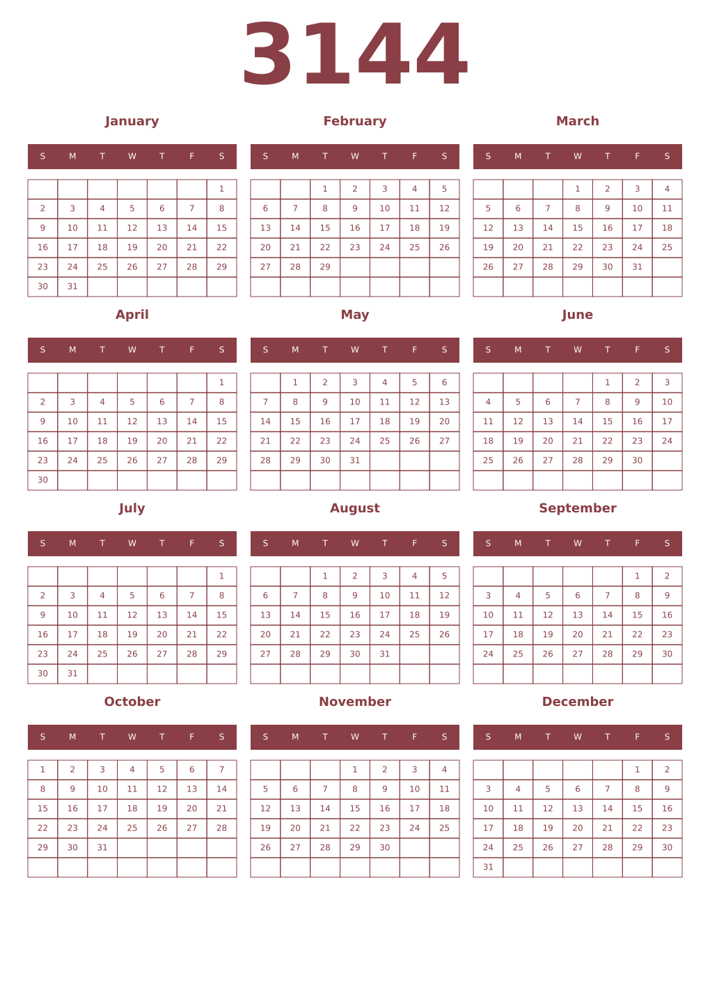 Printable 3144 Year Calendars cordovan