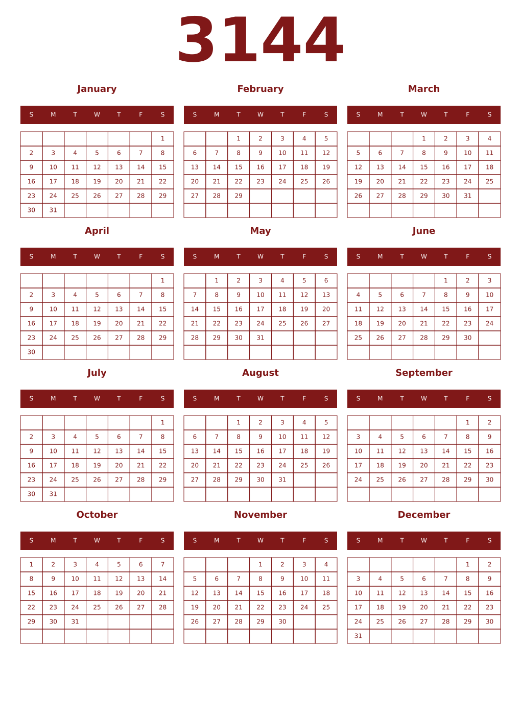 Printable 3144 Year Calendars falu