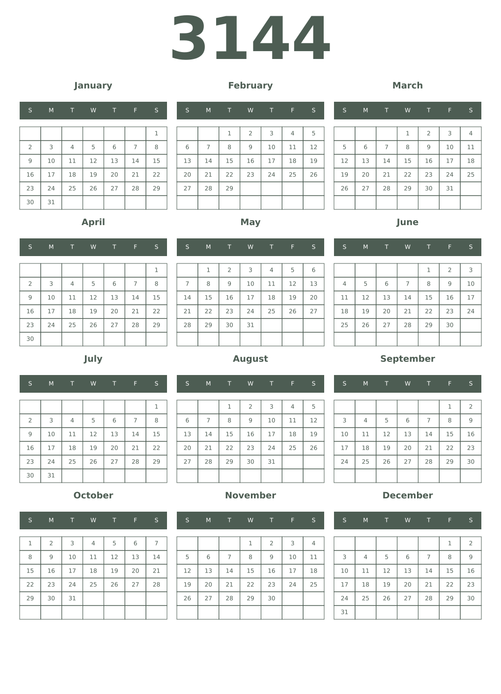Printable 3144 Year Calendars feldgrau