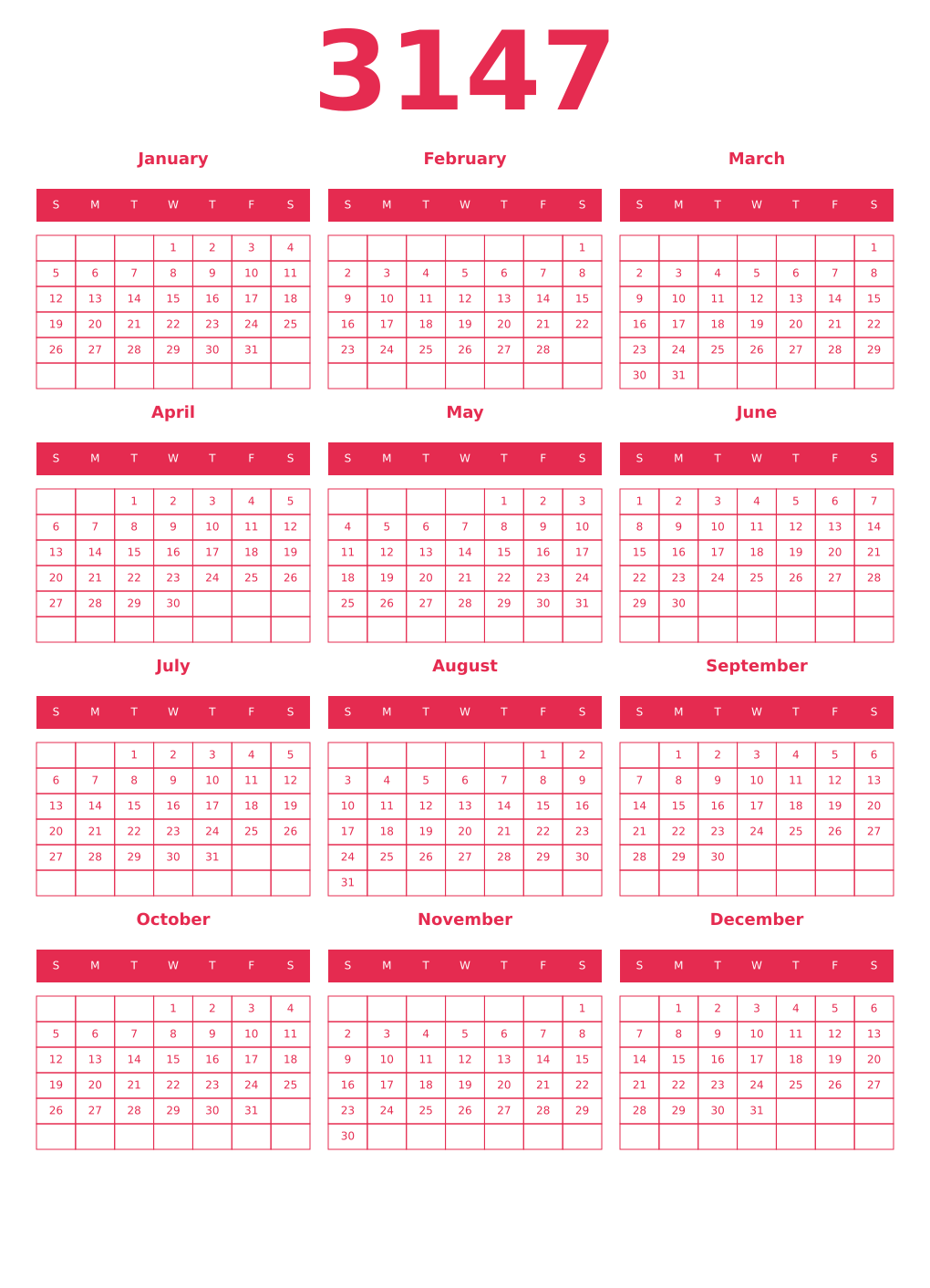 Printable 3147 Year Calendars amaranth