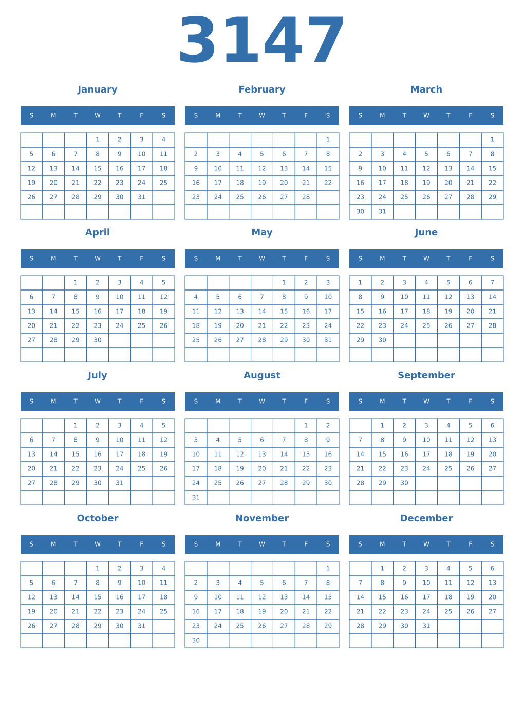 Printable 3147 Year Calendars blue