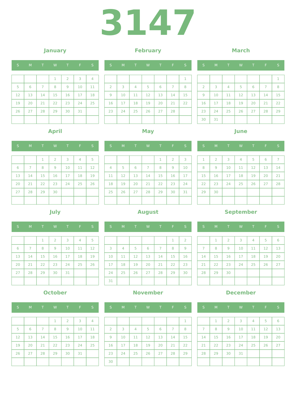 Printable 3147 Year Calendars celadon