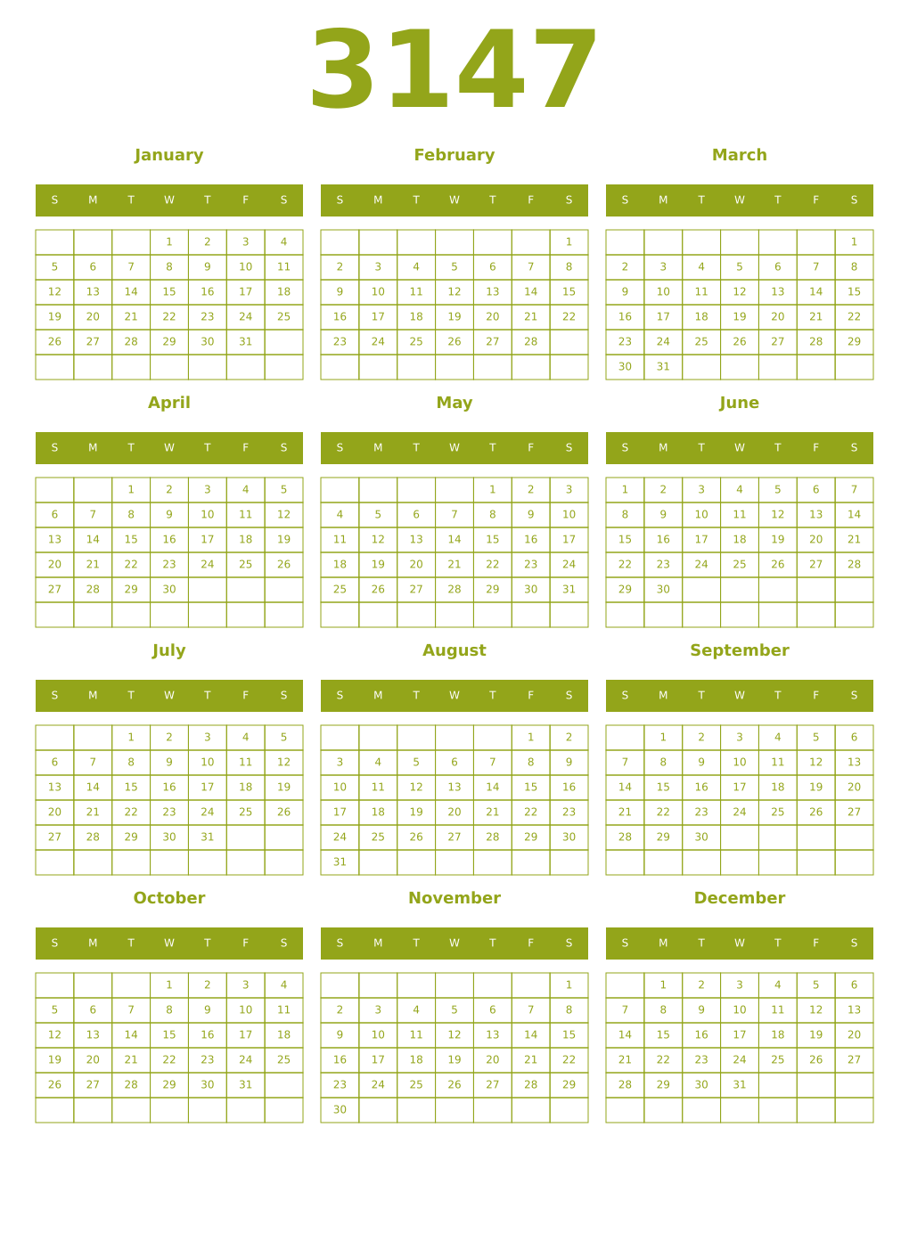 Printable 3147 Year Calendars chartreuse