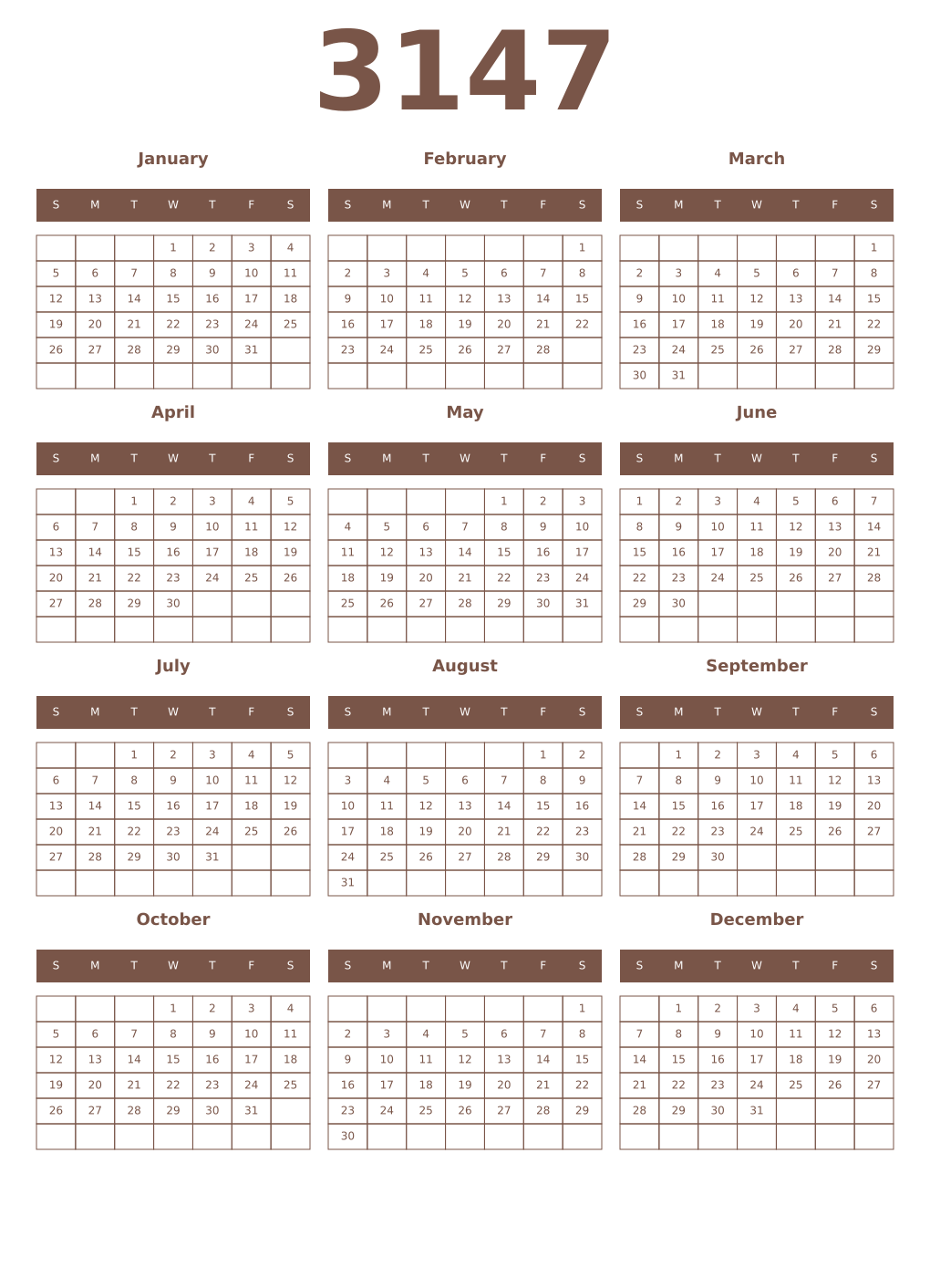 Printable 3147 Year Calendars coffe