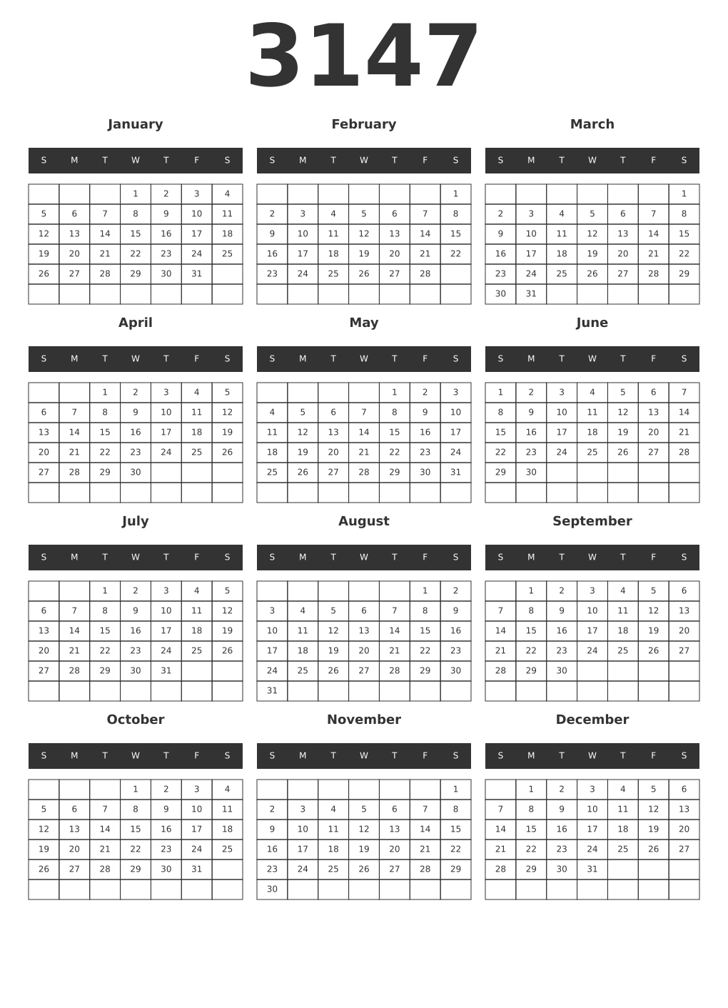 Printable 3147 Year Calendars dark