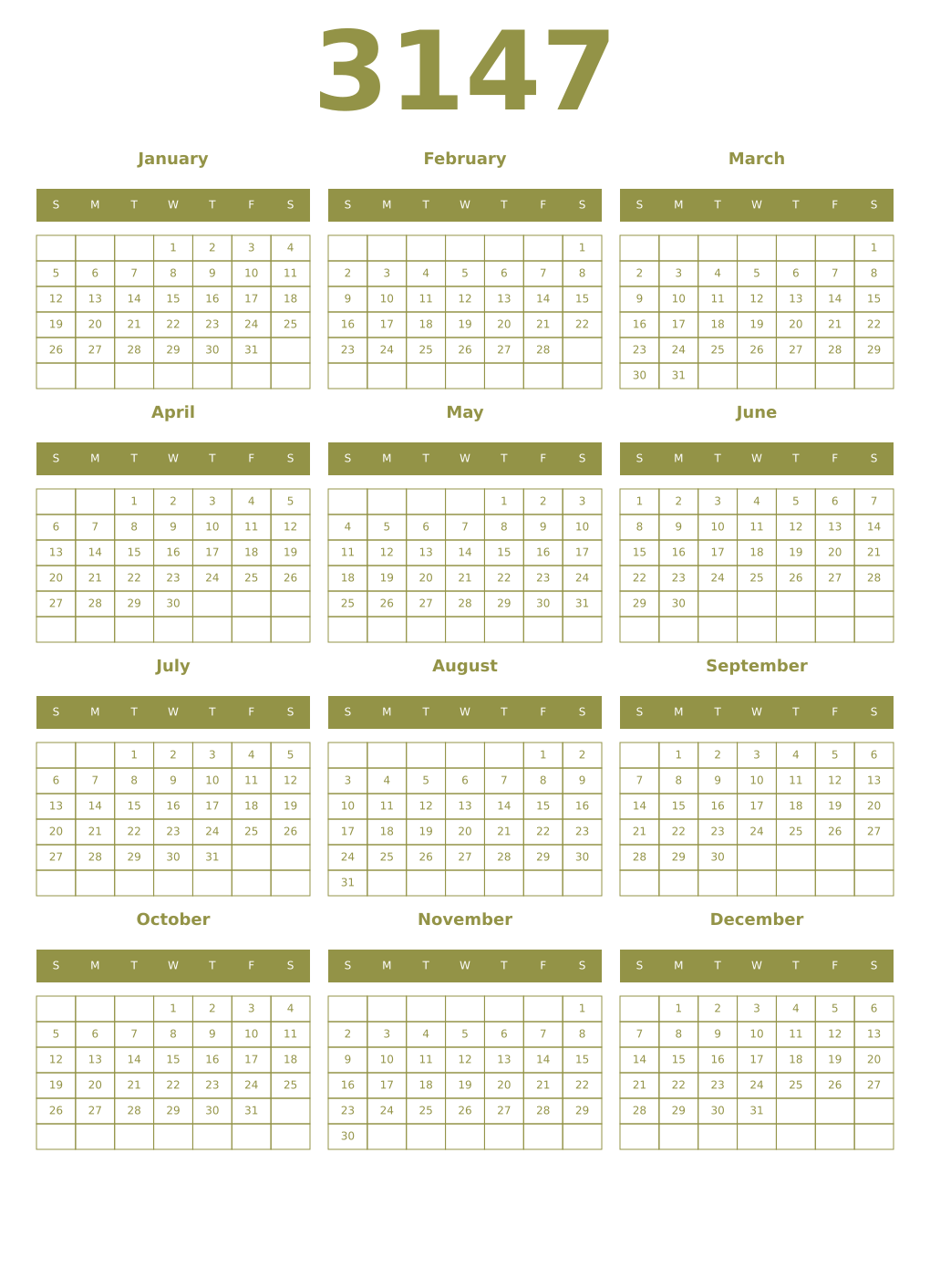 Printable 3147 Year Calendars eburnean
