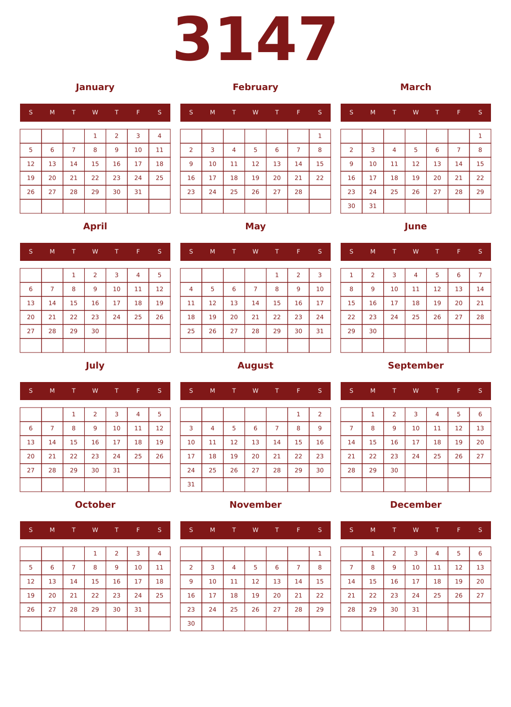 Printable 3147 Year Calendars falu