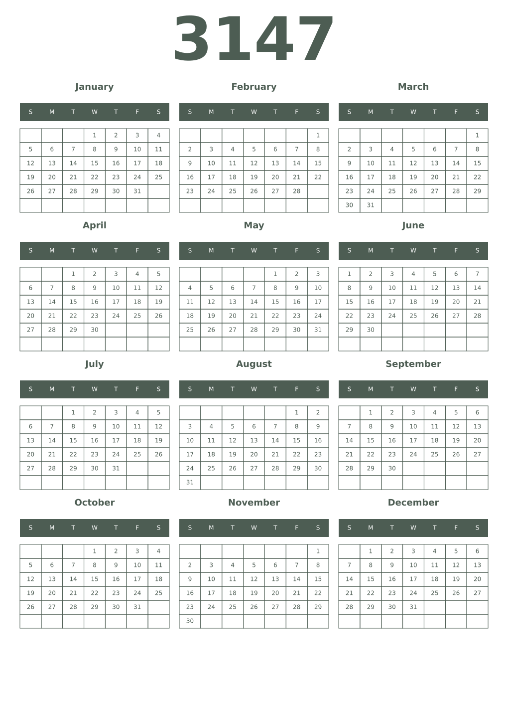 Printable 3147 Year Calendars feldgrau