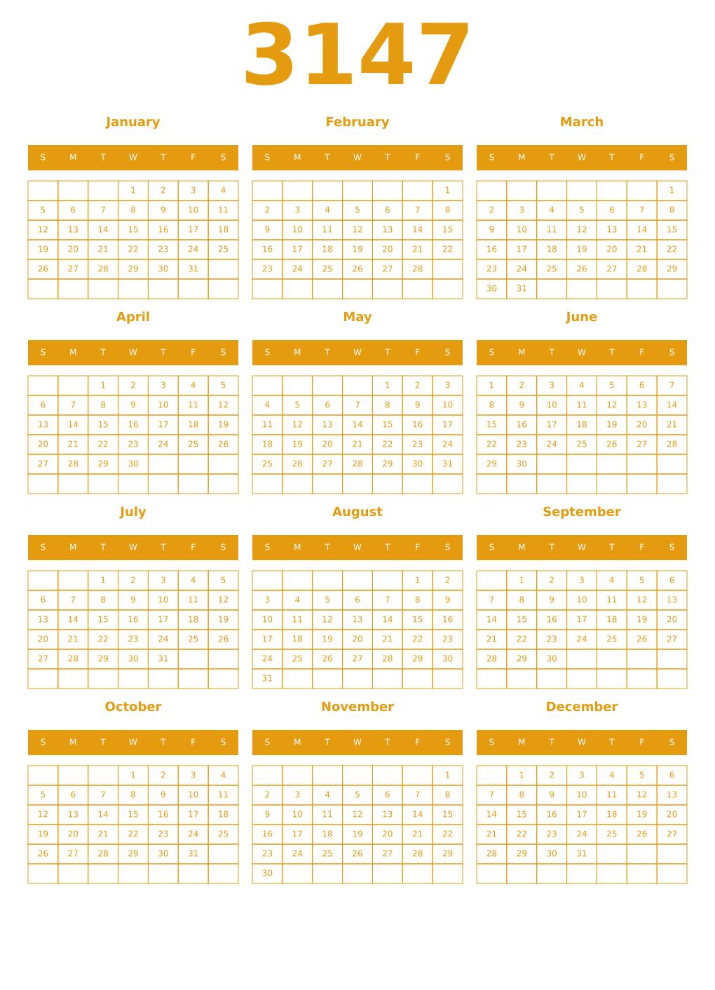 Printable 3147 Year Calendars gamboge