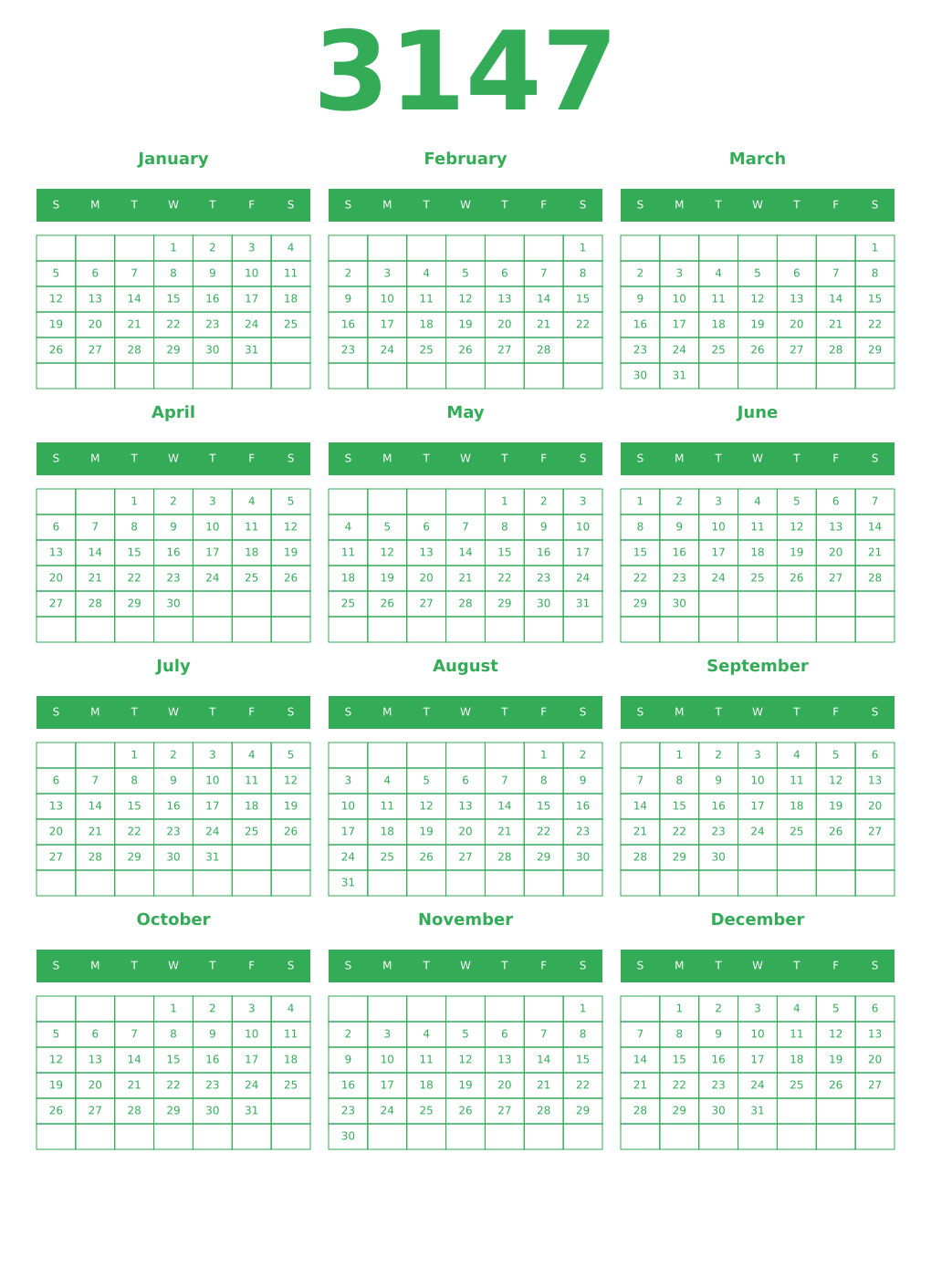 Printable 3147 Year Calendars green