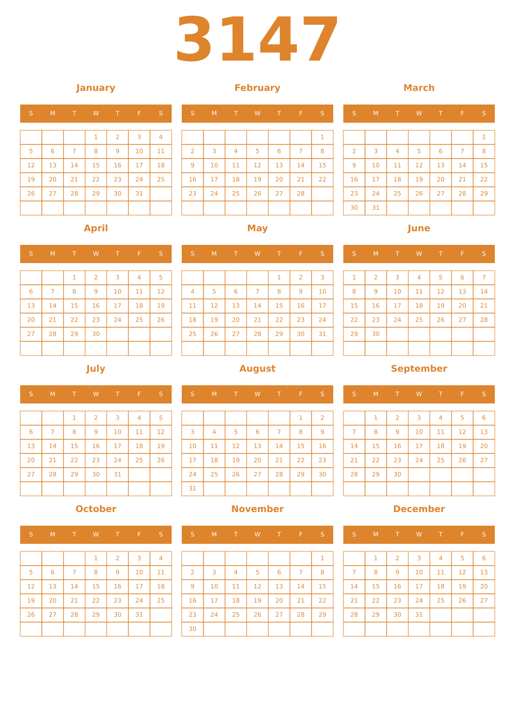 Printable 3147 Year Calendars orange