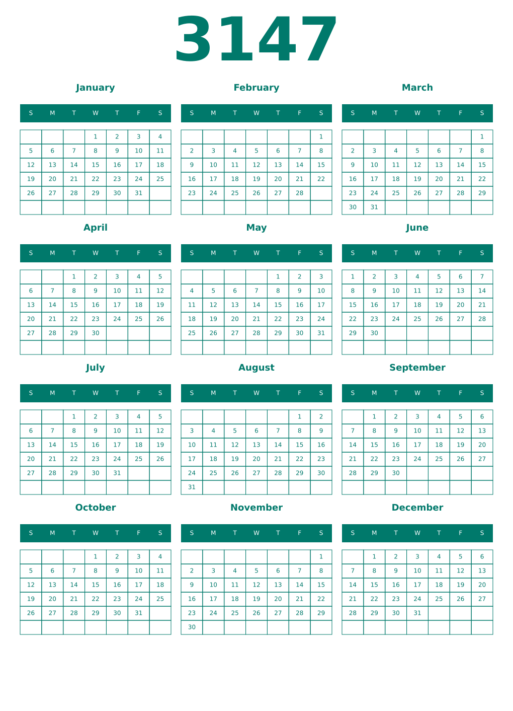 Printable 3147 Year Calendars pastel