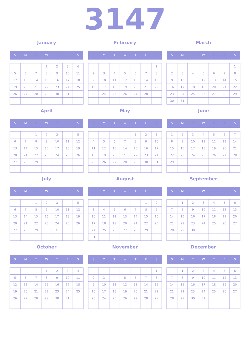 Printable 3147 Year Calendars periwinkle