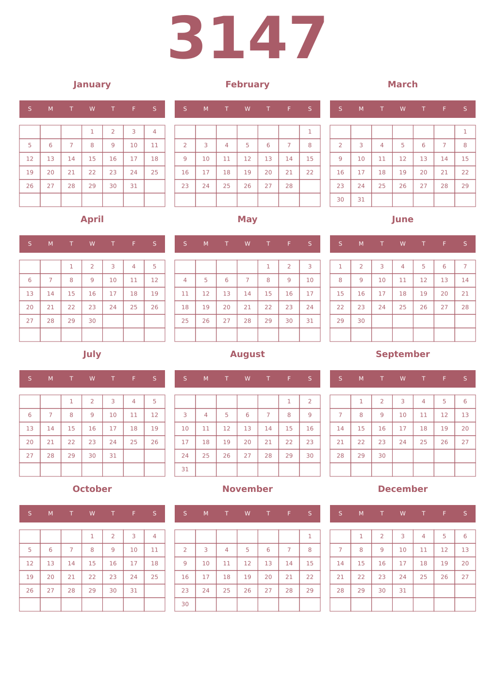 Printable 3147 Year Calendars puce