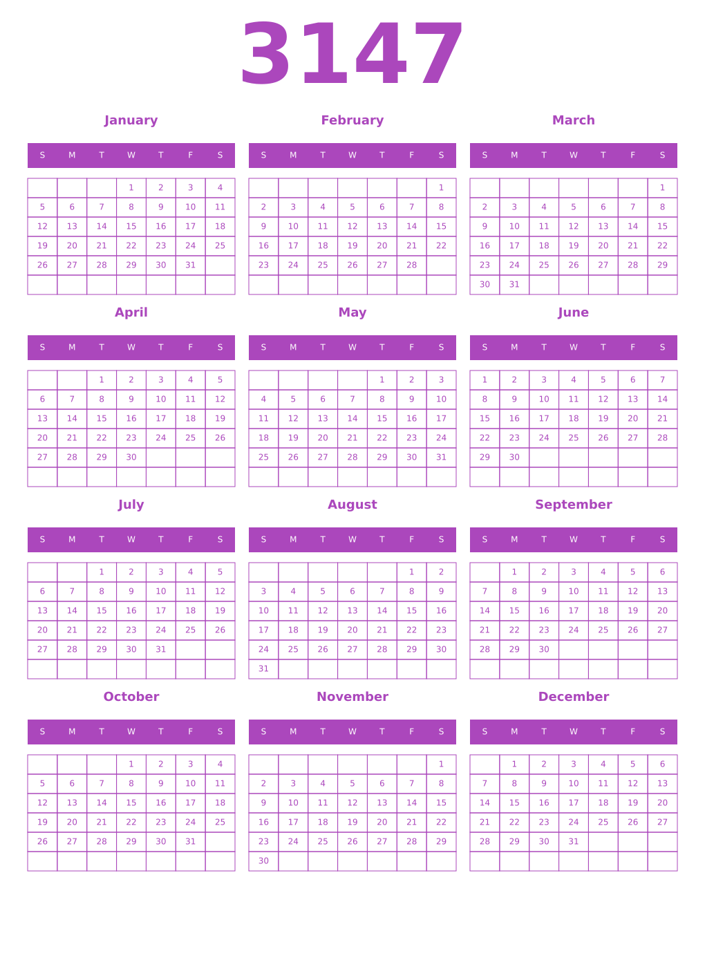 Printable 3147 Year Calendars purple
