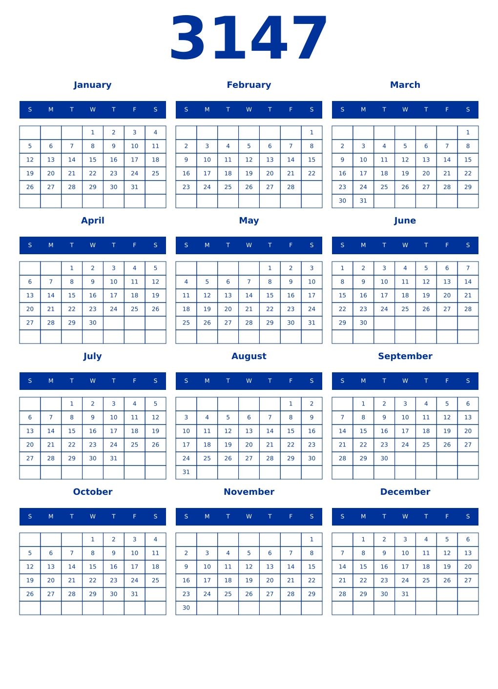 Printable 3147 Year Calendars smalt