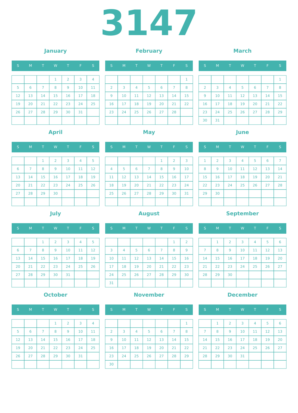 Printable 3147 Year Calendars verdigris