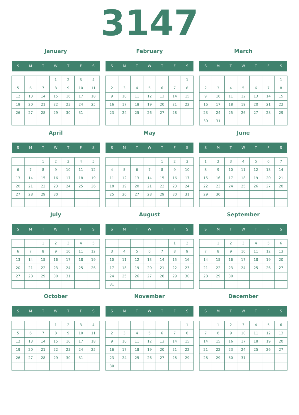 Printable 3147 Year Calendars viridian
