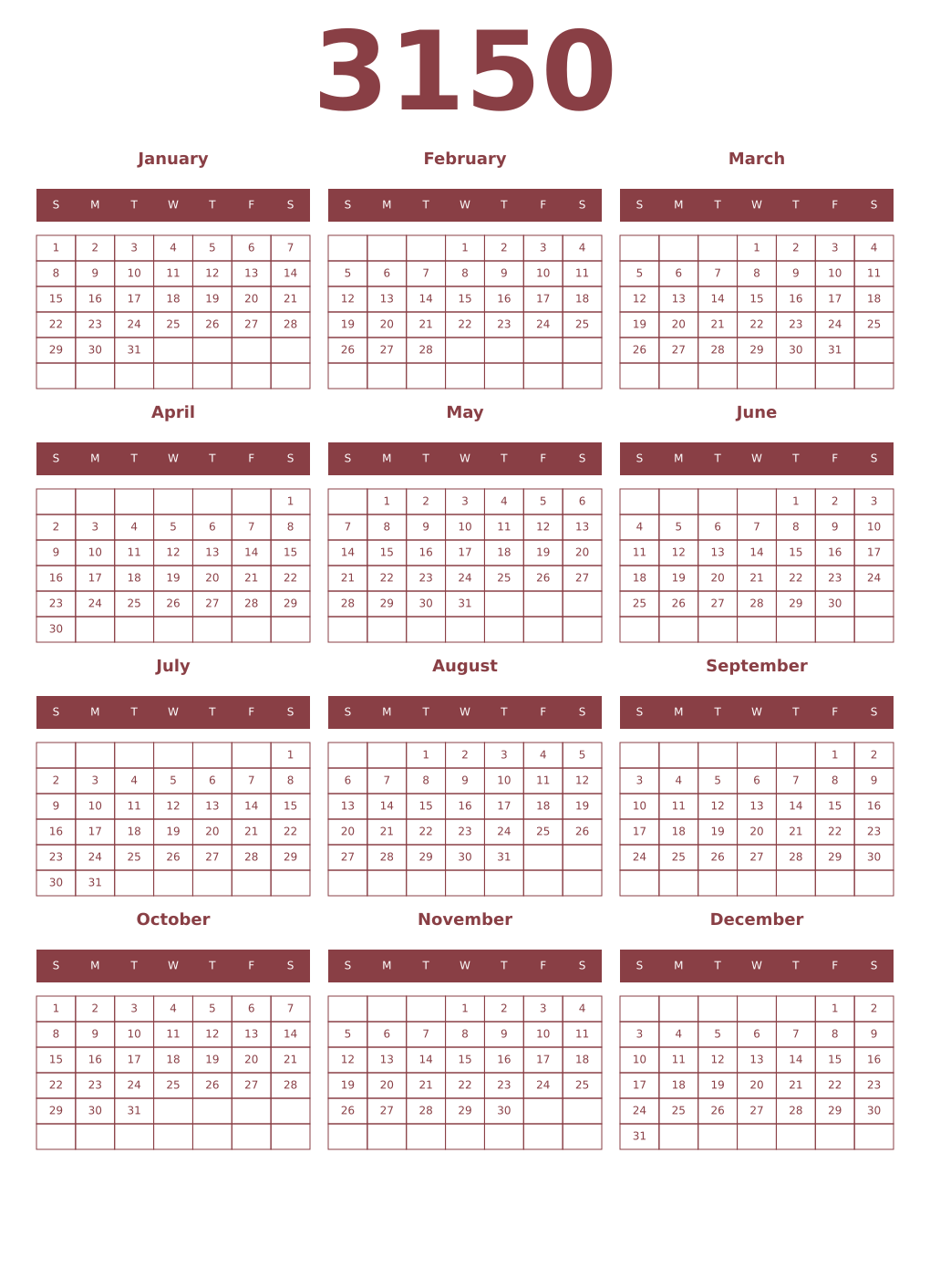 Printable 3150 Year Calendars cordovan
