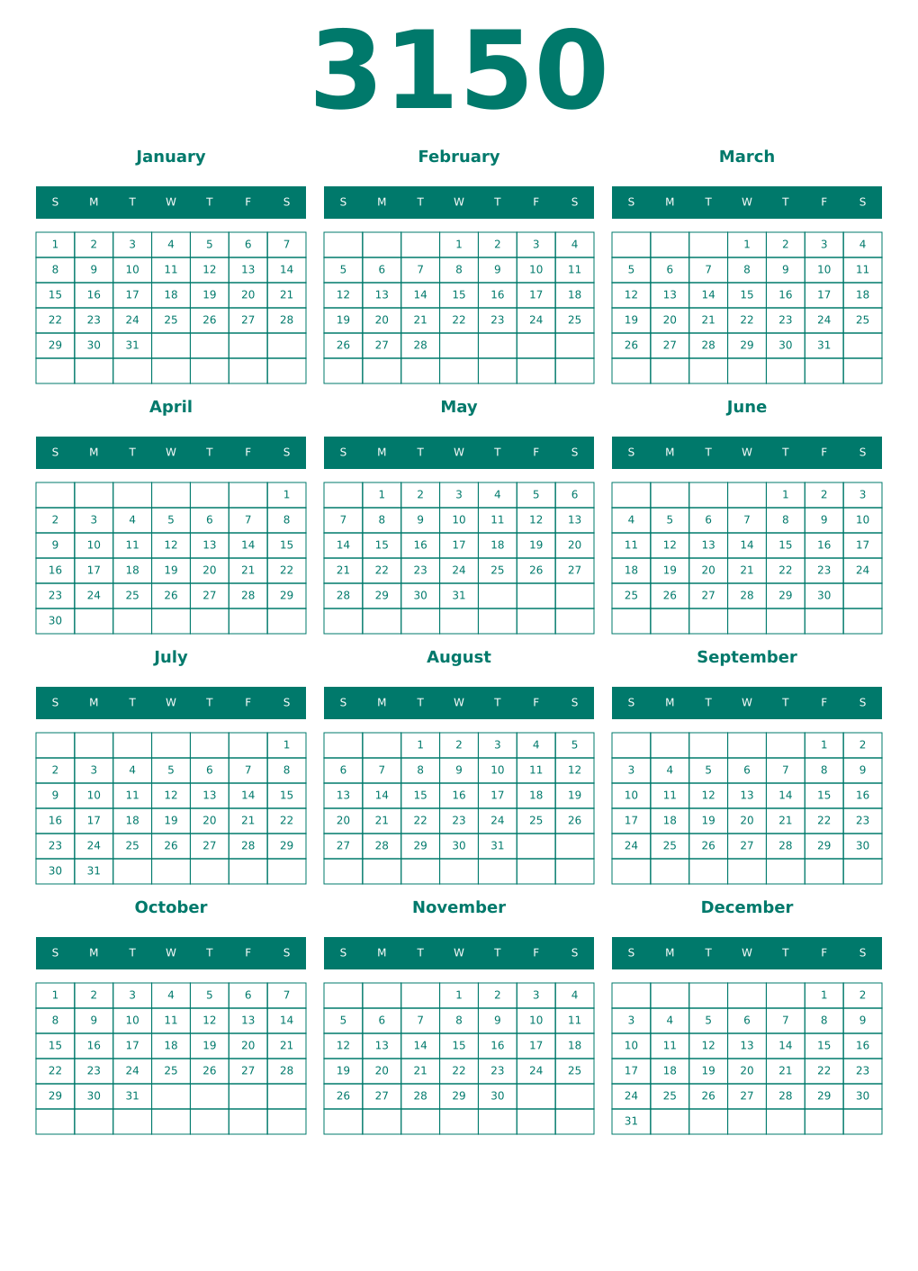 Printable 3150 Year Calendars pastel