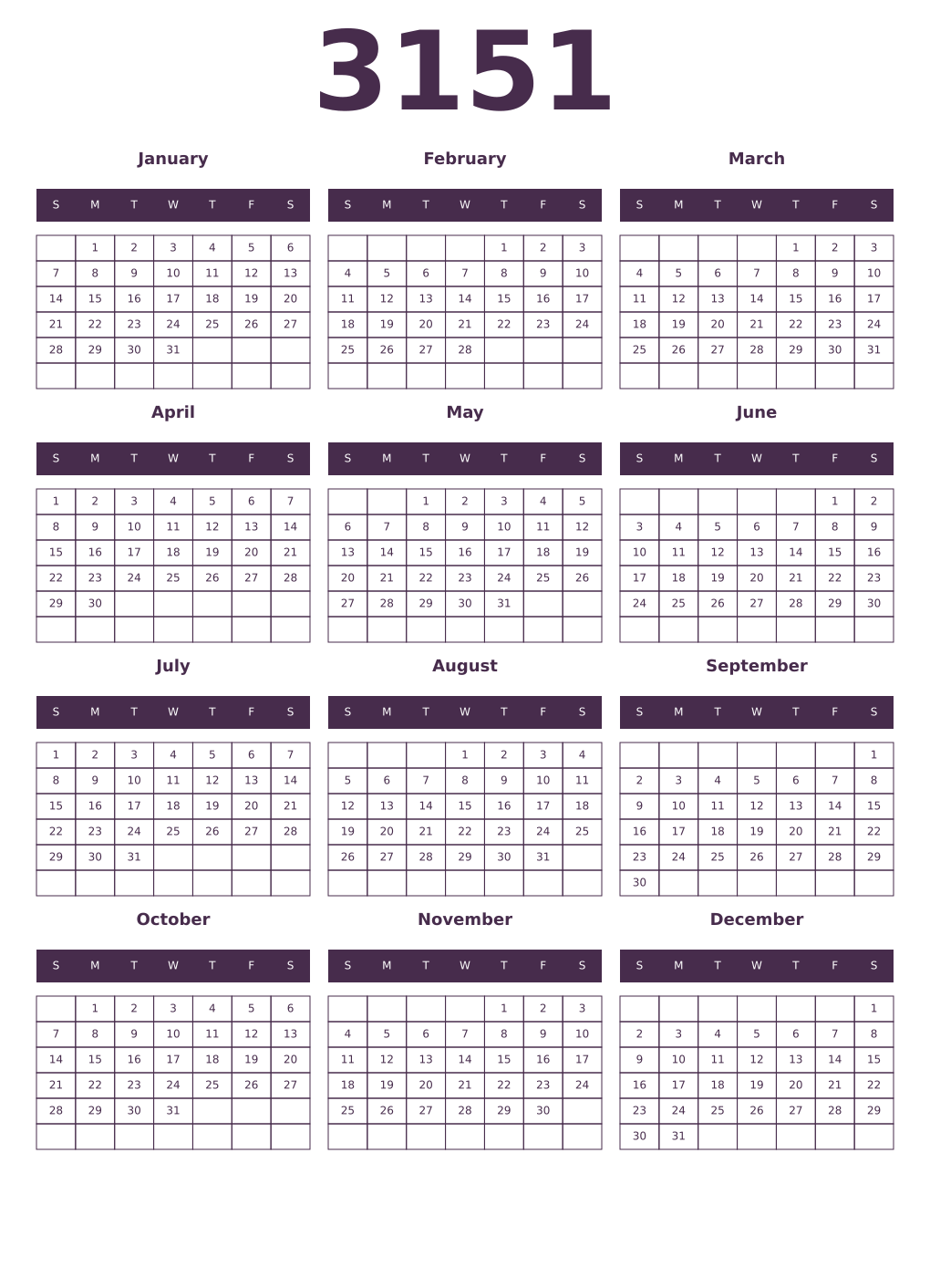 Printable 3151 Year Calendars aubergine