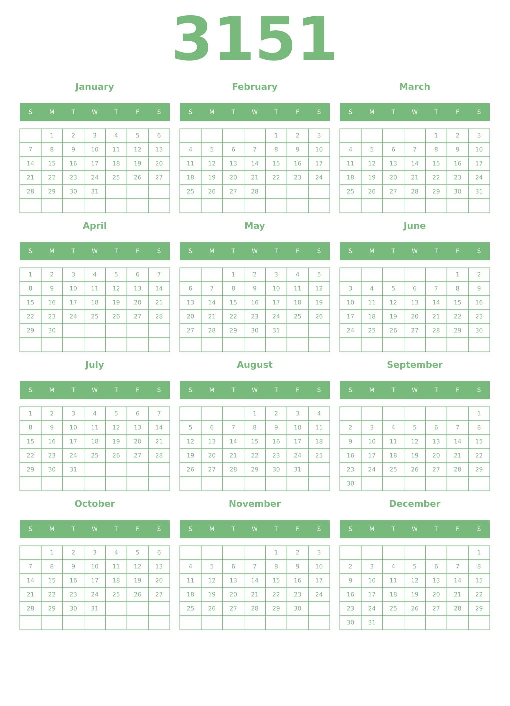 Printable 3151 Year Calendars celadon