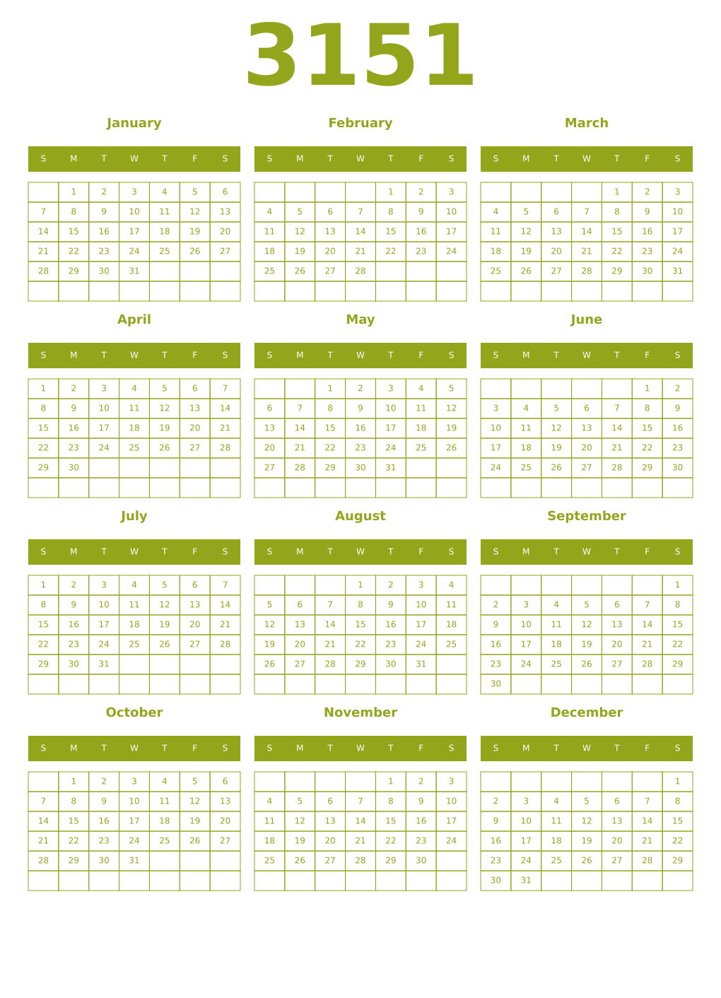 Printable 3151 Year Calendars chartreuse