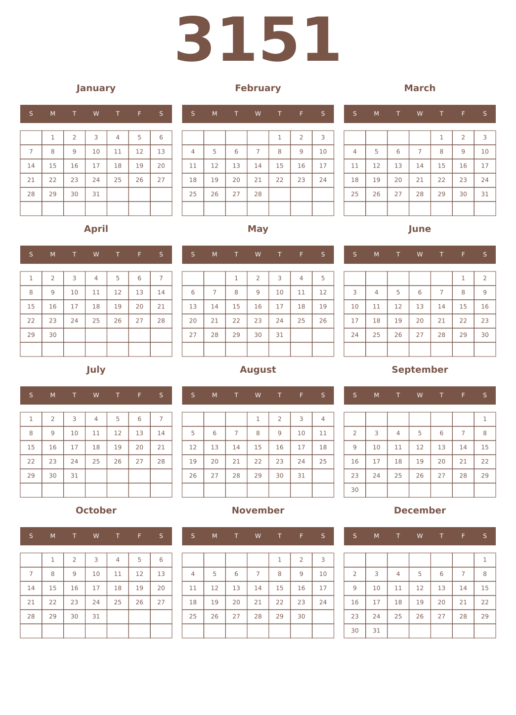 Printable 3151 Year Calendars coffe