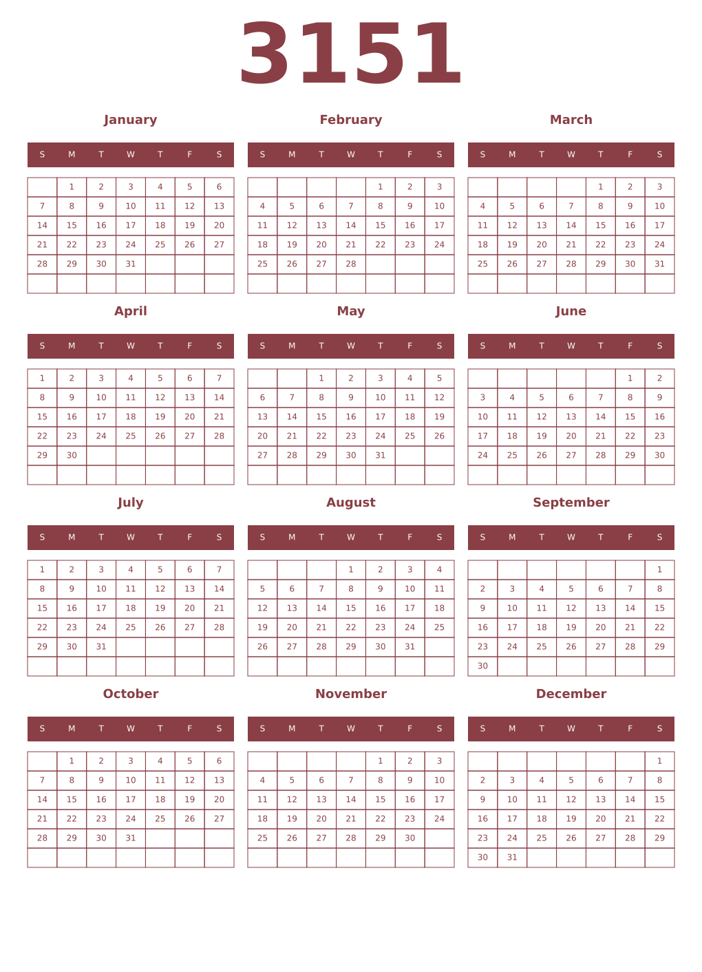 Printable 3151 Year Calendars cordovan