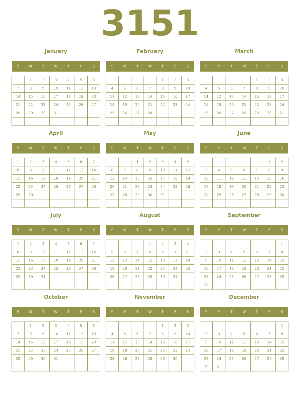 Printable 3151 Year Calendars eburnean