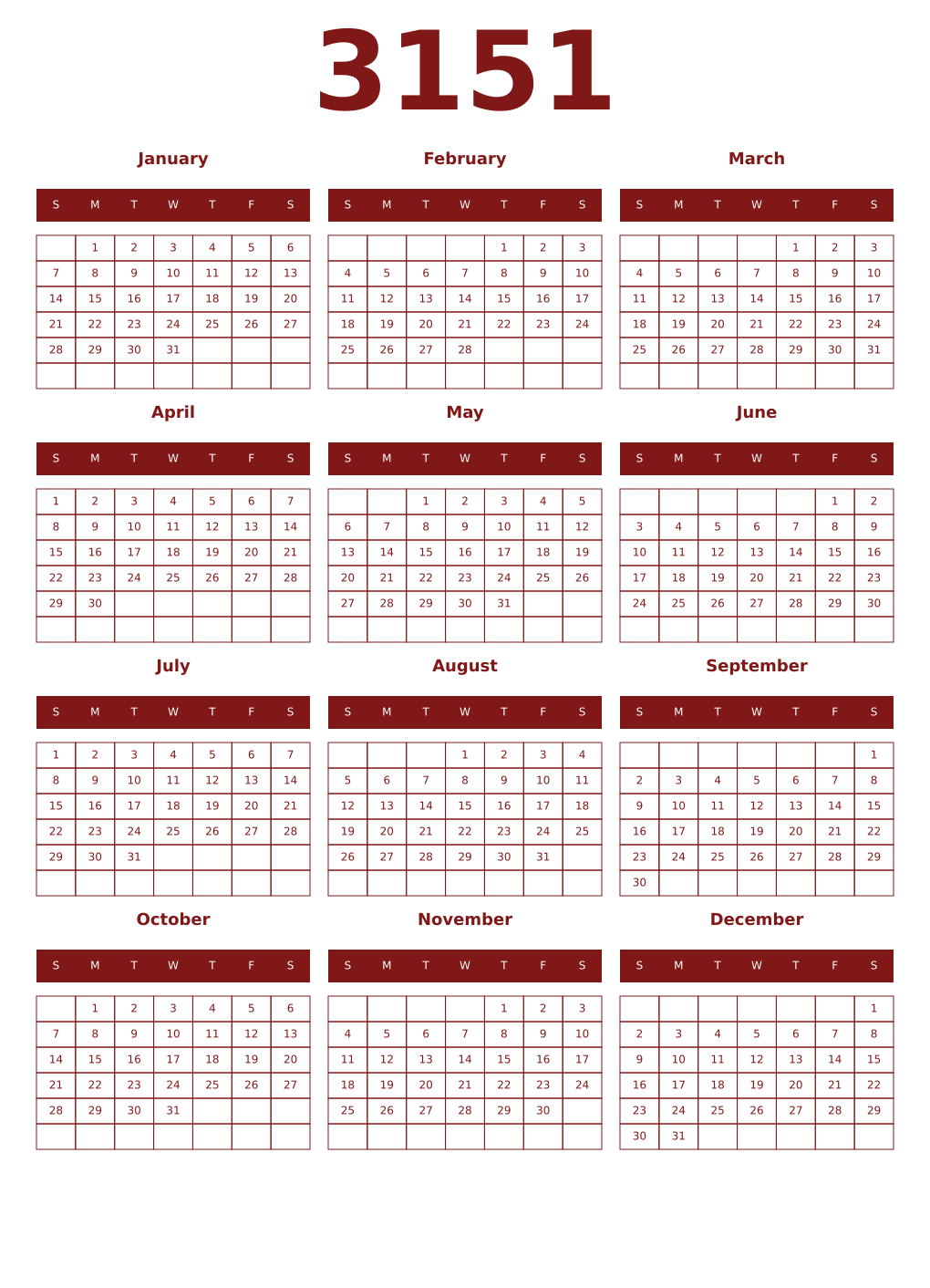 Printable 3151 Year Calendars falu