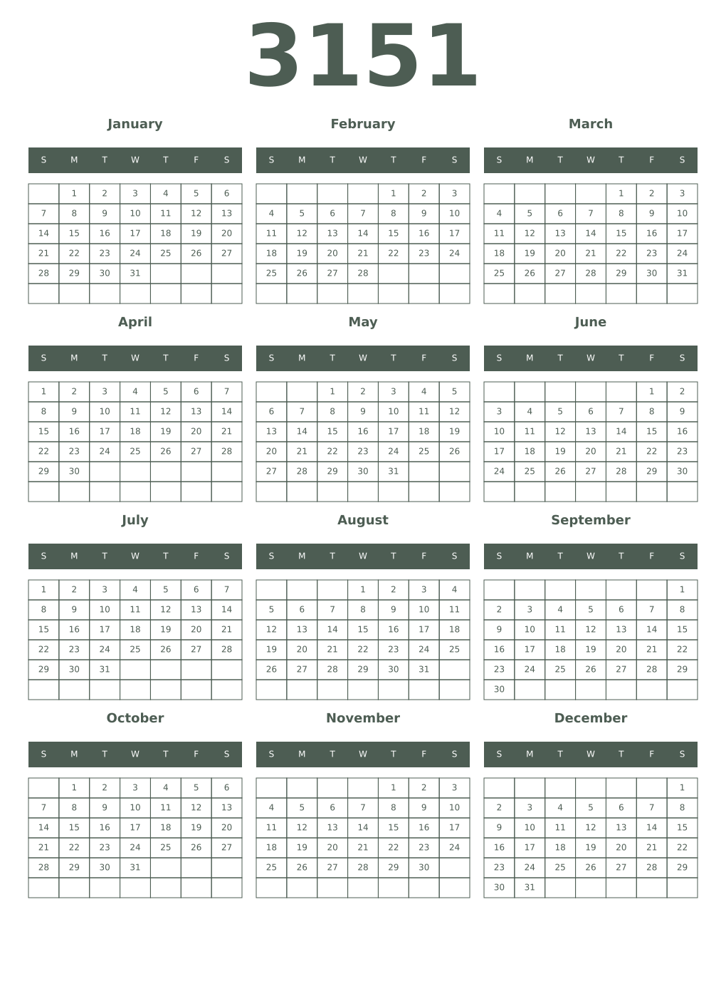 Printable 3151 Year Calendars feldgrau