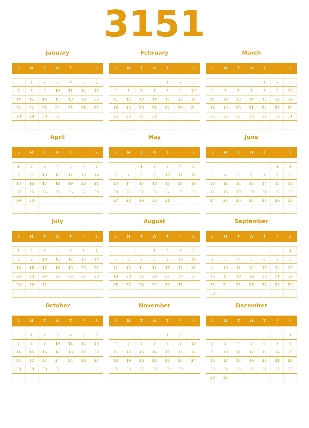 Printable 3151 Year Calendars gamboge