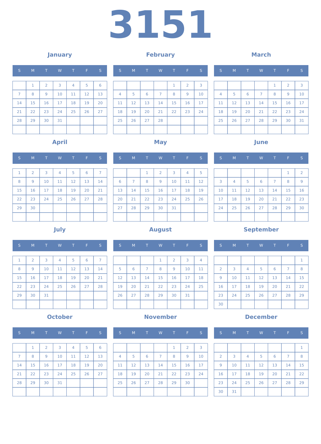 Printable 3151 Year Calendars glaucous