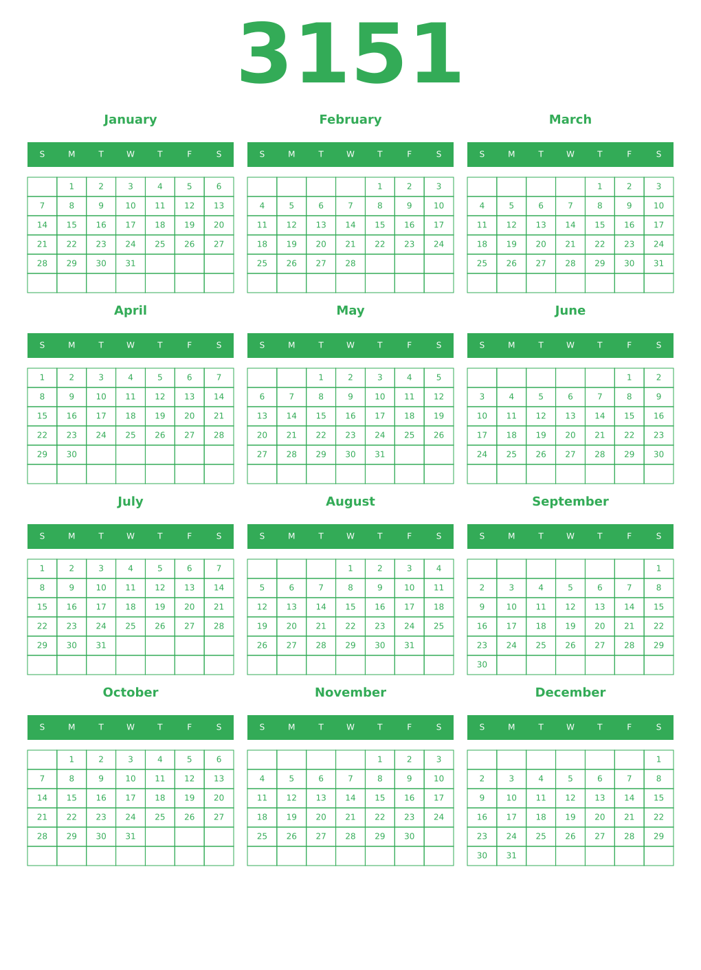 Printable 3151 Year Calendars green