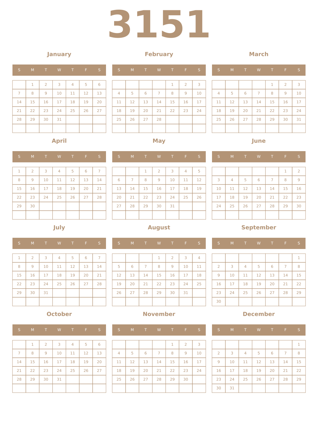 Printable 3151 Year Calendars isabelline