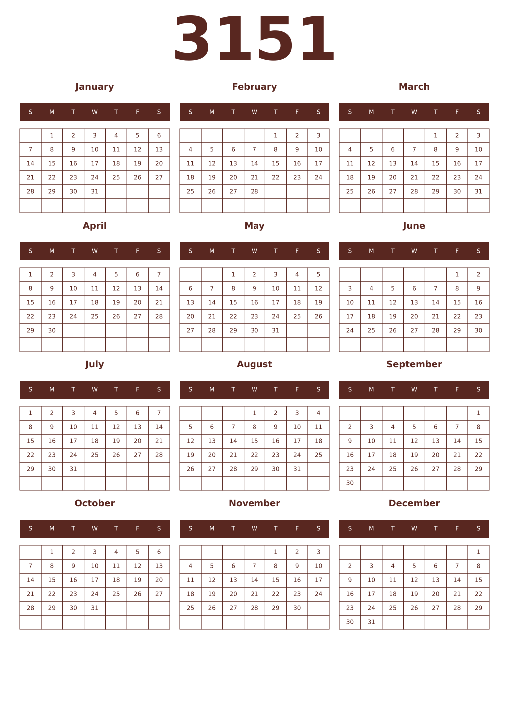 Printable 3151 Year Calendars mortuum