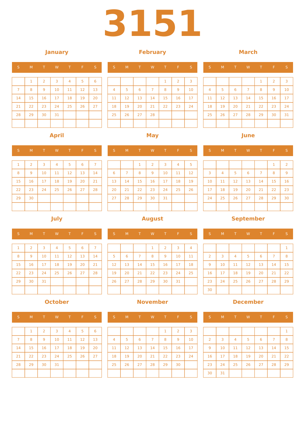 Printable 3151 Year Calendars orange