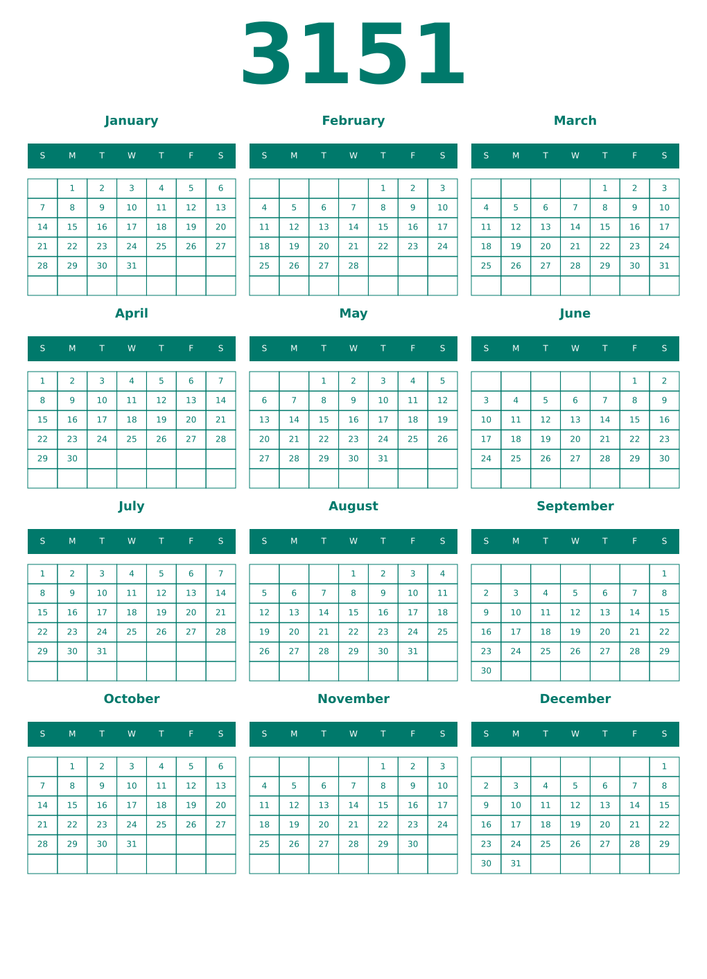 Printable 3151 Year Calendars pastel