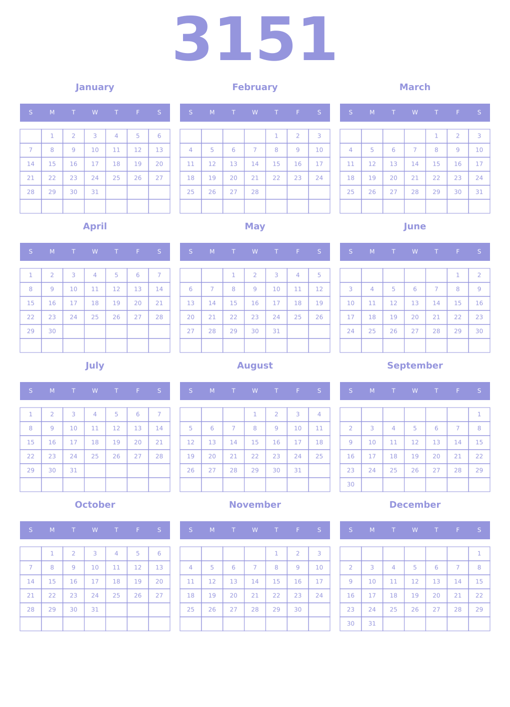 Printable 3151 Year Calendars periwinkle