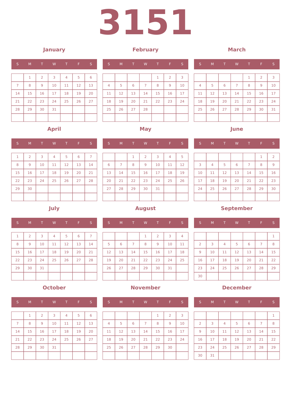 Printable 3151 Year Calendars puce